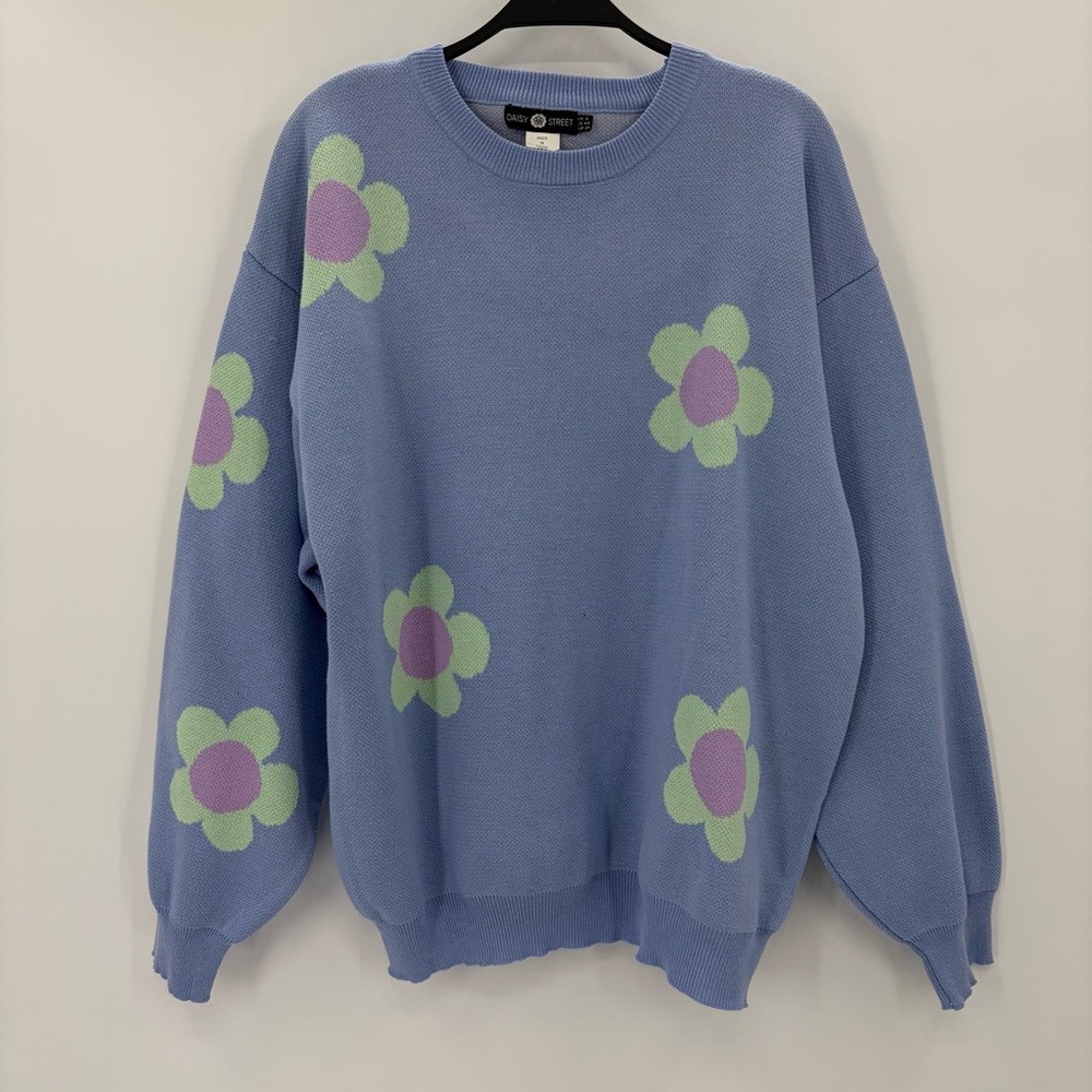 Daisy Oversized Crewneck Sweater Periwinkle Blue Pastel Flowers Quirky Playful